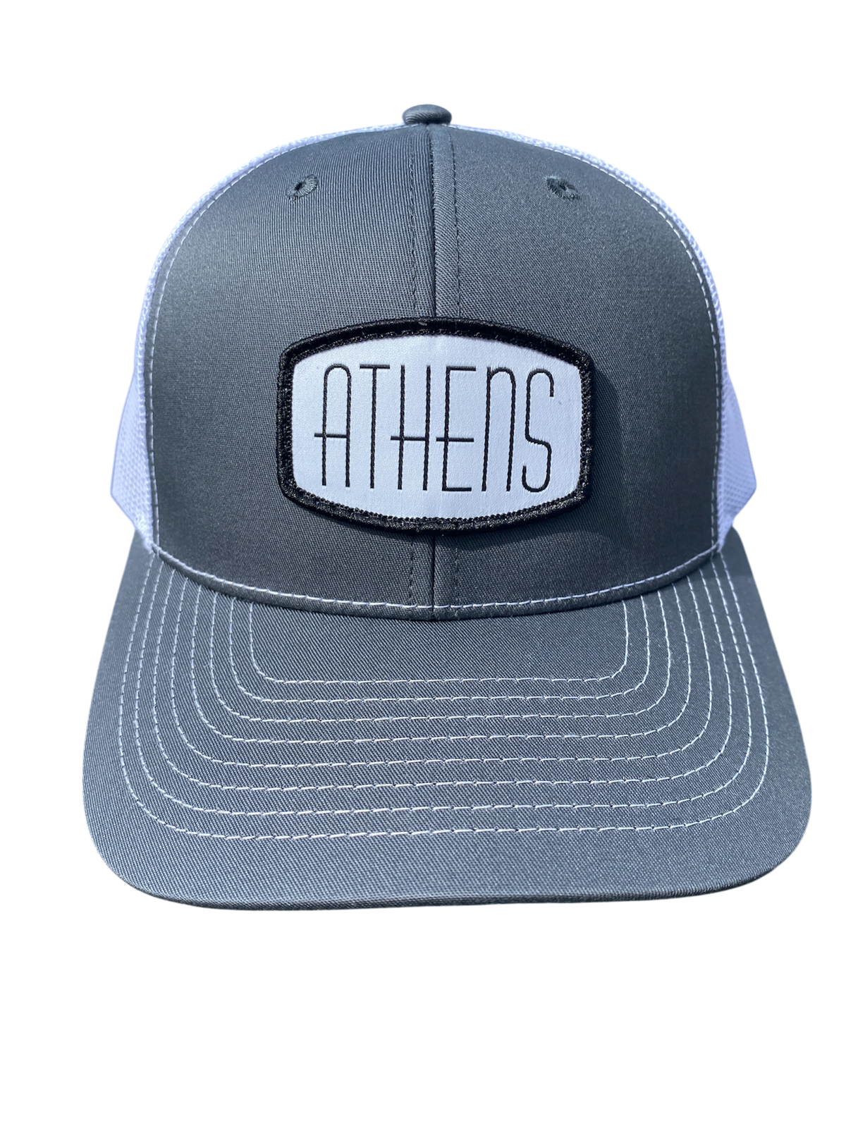 Woven patch ATHENS trucker hat in charcoal/white